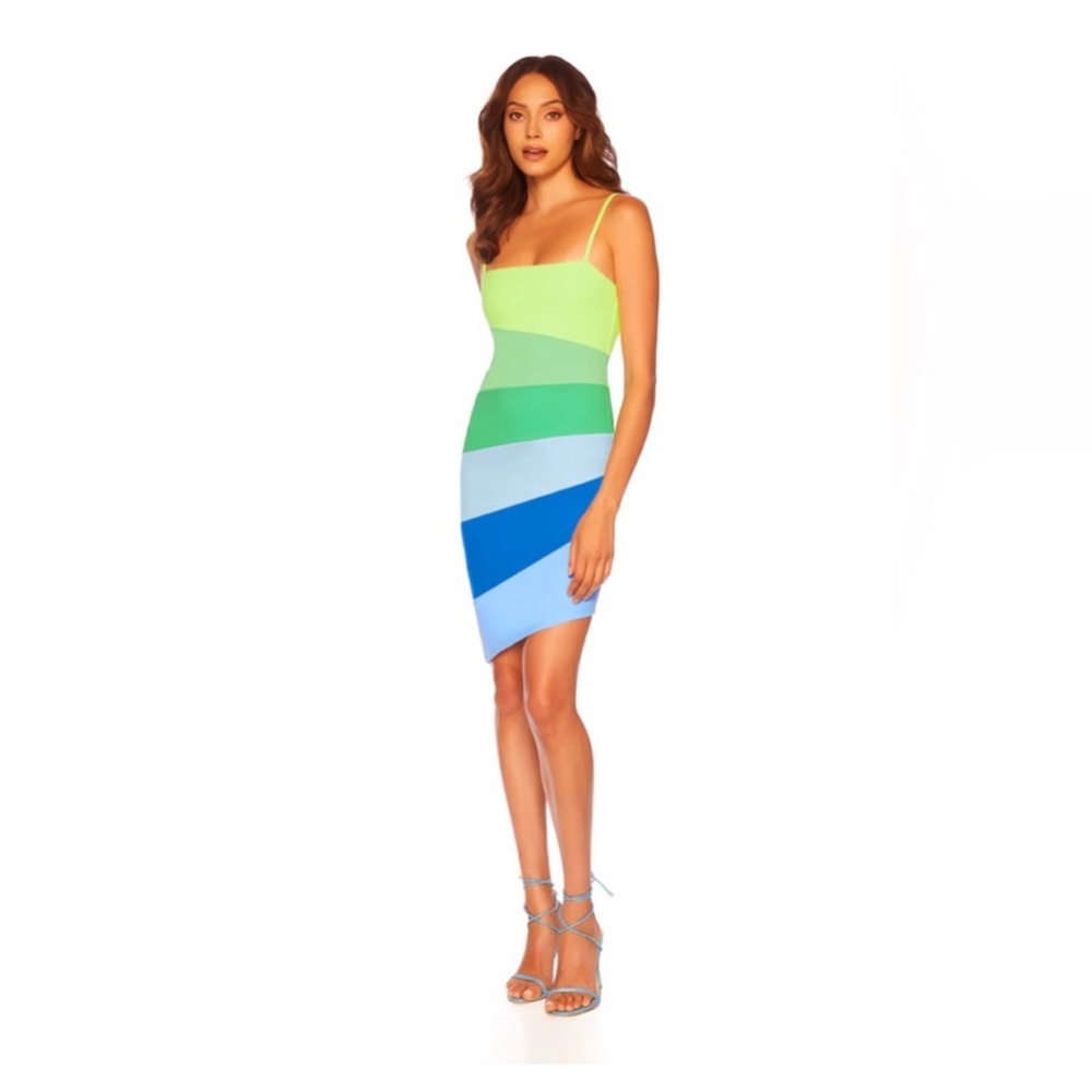NWT Susana Monaco Neon Yellow Blue Green Asymmetrical Stripe  Dress